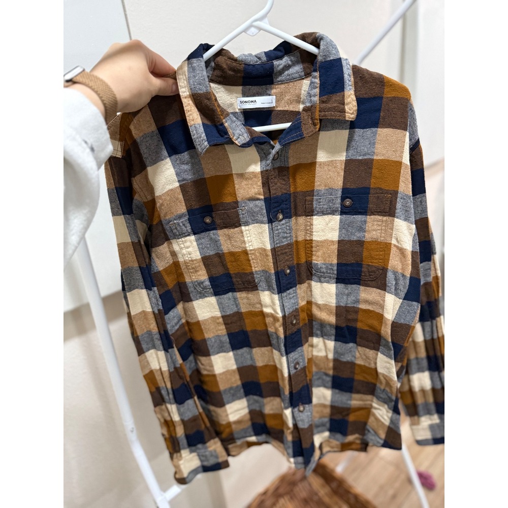 Sonoma Mens Large Flannel Shirt Brown Blue Plaid Long Sleeve Button Down L